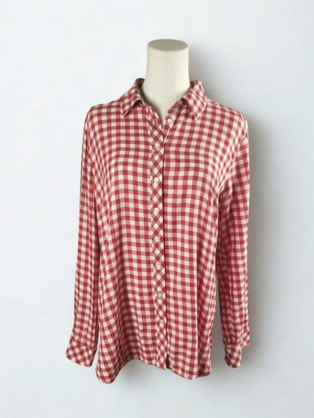 Talbots Womens Large Petite Button Down Shirt Red White Gingham Plaid Cotton LP
